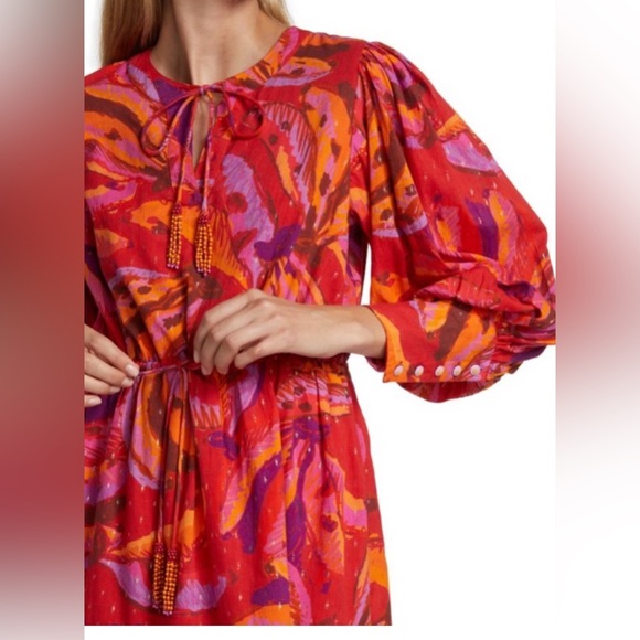 Farm Rio Long Sleeve Mini Dress Banana Juice Print Pink Beaded Drawstring Large - Picture 3 of 14